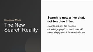 Google AI Mode
Search is now a live chat,
not ten blue links.
Google still has the deepest
knowledge graph on each user. AI
Mode simply puts it in a chat window.
The New
Search Reality
 