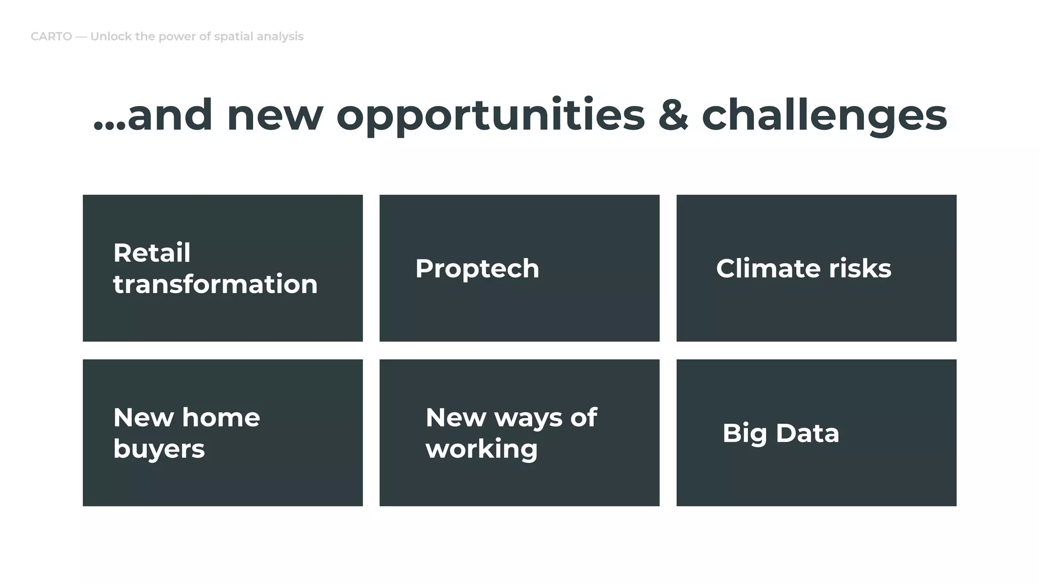 CARTO — Unlock the power of spatial analysis
...and new opportunities & challenges
New home
buyers
New ways of
working
Big Data
Retail
transformation
Proptech Climate risks
 