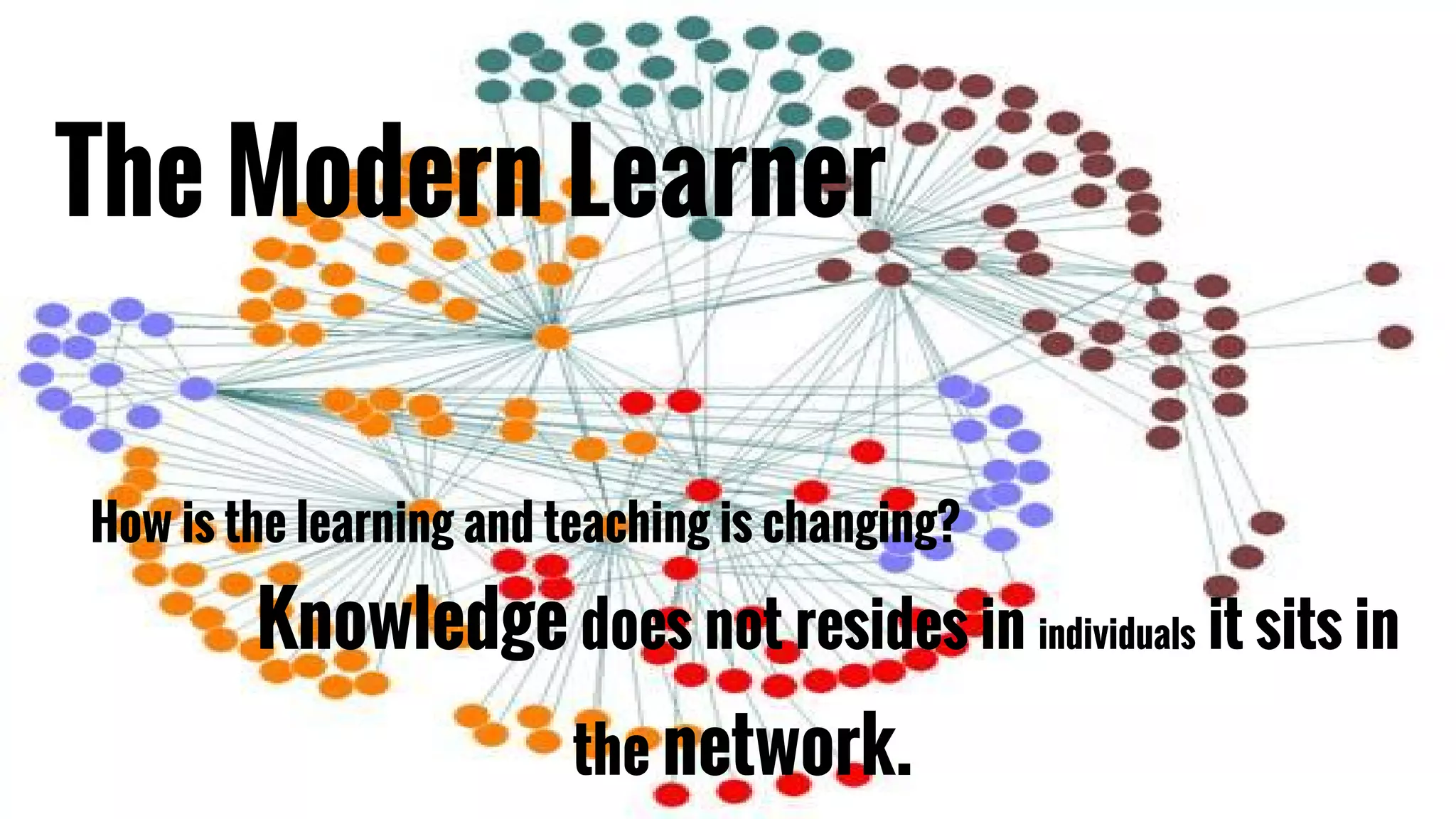 The Modern Learner 
How is the learning and teaching is changing? 
Knowledge does not resides in individuals it sits in 
the network. 
 