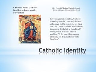To be integral or complete, Catholic
schooling must be constantly inspired
and guided by the gospel. As we have
seen, the Catholic school would betray
its purpose if it failed to found itself
on the person of Christ and his
teaching: "It derives all the energy
necessary for its educational work
from him."
 