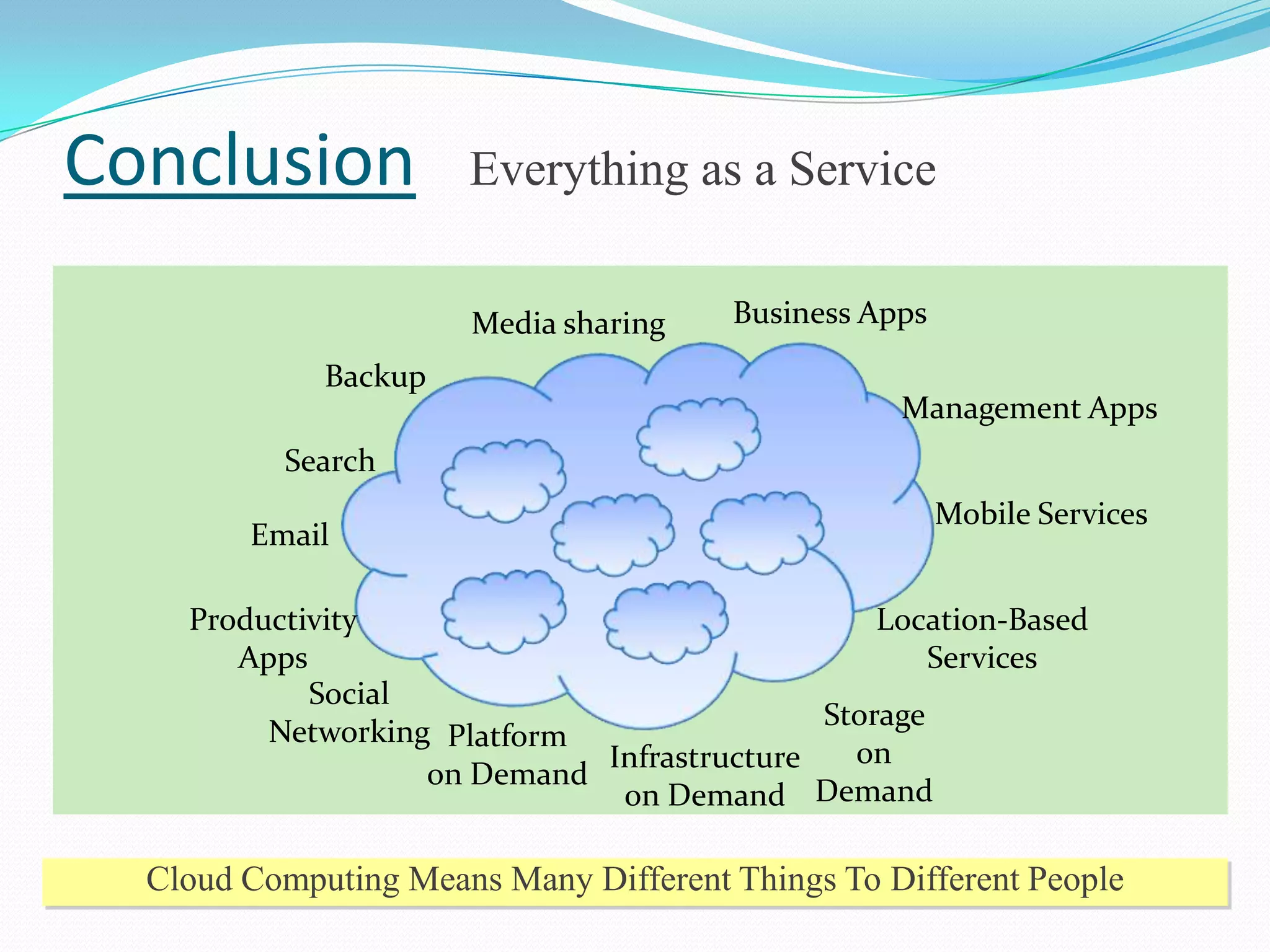 Conclusion            Everything as a Service


                      Media sharing    Business Apps

             Backup
                                                  Management Apps
          Search
                                                       Mobile Services
        Email

    Productivity                                Location-Based
       Apps                                         Services
            Social
                                            Storage
         Networking Platform
                             Infrastructure   on
                   on Demand
                              on Demand Demand

  Cloud Computing Means Many Different Things To Different People
 