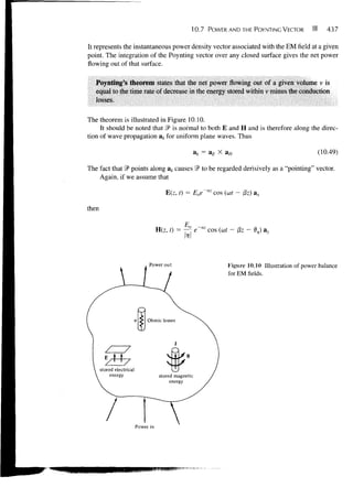 10.7    POWER AND THE POYNTINC VECTOR                  437

It represents the instantaneous power density vector associated with the EM field at a given
point. The integration of the Poynting vector over any closed surface gives the net power
flowing out of that surface.

   Poynting's theorem stales th;it the nel power flowing out of a given volume i i
   equal to the lime rate of decrease in the energy stored wilhin r minus the conduction
   losses.

The theorem is illustrated in Figure, 10.10.
     It should be noted that 9s is normal to both E and H and is therefore along the direc-
tion of wave propagation ak for uniform plane waves. Thus

                                             ak = aE X aH                                       (10.49)

The fact that 2P points along ak causes 2P to be regarded derisively as a "pointing" vector.
    Again, if we assume that
                                                    az
                               E(z, t) = Eoe             cos (ut - f3z) a x

then


                            U(Z, 0 =   T-T    e'az cos {at - j3z - 9,) a,



                      Power out                               Figure 10.10 Illustration of power balance
                                                              for EM fields.




                 Power in
 