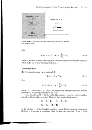 10.8   REFLECTION OF A PLANE WAVE AT NORMAL INCIDENCE                441




       medium 1 (ol . e,.

                                           medium 2    (o2,^2^2)

            H,0
         (incident wave)
                                               H,0        • •»
                                               (transmitted wave)

                    H,
         (reflected wave)
                                  2 =0


Figure 10.11 A plane wave incident normally on an interface between
two different media.


then


                               KM) = Hmey'-ay) = —                 ewa,,               (10.74)

where Era has been assumed to be along ax; we will consistently assume that for normal in-
cident E,, E r , and E, have the same polarization.


Transmitted Wave:

(E,, Ht) is traveling along +az in medium 2. If

                                                                                        (10.75)

then

                                                                                        (10.76)

In eqs. (10.71) to (10.76), Eio, Ero, and Eto are, respectively, the magnitudes of the incident,
reflected, and transmitted electric fields at z = 0.
     Notice from Figure 10.11 that the total field in medium 1 comprises both the incident
and reflected fields, whereas medium 2 has only the transmitted field, that is,

                               Ej = E, + E n         H, = H ; + H r

                               E 2 = E,,    H 2 = Hr

At the interface z = 0, the boundary conditions require that the tangential components
of E and H fields must be continuous. Since the waves are transverse, E and H fields
 