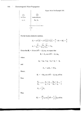 446   Electromagnetic Wave Propagation

                                                                 Figure 10.14 For Example 10.8.



          I   free space       lossless dielectric




              For the lossless dielectric medium,

                                            /—               /         /         o)               4
                               ft, = coV/xe = wV o s o V/x,£ r = — • (4) = 4/3, = -




          ! Given that H, = 10 cos (108r - (3^) ax, we expect that

                                                     f   = £ i o cos (108f

              where

                                                             X a^. = a x X a, =       -ay

          I and

                                                                       io = 10

              Hence,

                                         E,- = - 10rjo cos (108? - /3,z) a,, mV/m

              Now


                                                     r

                                          Eio




          ! Thus

                                        E r = - — rj0 cos f 108f + - z ) &y mV/m
 