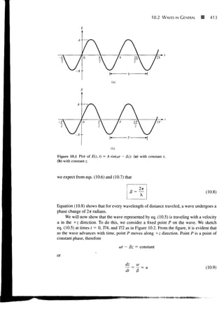 10.2        WAVES IN GENERAL     413

                  I

             A-       —Y~


     A           /o          x
                                                /
                                               /x
                                                     
                                                         3X                /2X
                                                         2   
                                         /                       .           /
                /
                                     V                               . 1


                                         (a)




             A •




                                              /
              10                               IT        3r                     /IT

     
            J               2
                                 
                                     J               T
                                                     /
                                                         2                 /




                                     (b)

Figure 10.1 Plot of E(z, t) • A sin(co/ - &z): (a) with constant t,
(b) with constant z.



we expect from eqs. (10.6) and (10.7) that


                                                                                                          (10.8)


Equation (10.8) shows that for every wavelength of distance traveled, a wave undergoes a
phase change of 2TT radians.
     We will now show that the wave represented by eq. (10.5) is traveling with a velocity
u in the +z direction. To do this, we consider a fixed point P on the wave. We sketch
eq. (10.5) at times t = 0, 774, and 772 as in Figure 10.2. From the figure, it is evident that
as the wave advances with time, point P moves along +z direction. Point P is a point of
constant phase, therefore
                                                ut - j3z = constant

or
                                                    dz
                                                                                                          (10.9)
 