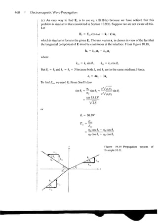 460   Electromagnetic Wave Propagation

          j (c) An easy way to find E r is to use eq. (10.116a) because we have noticed that this
          1 problem is similar to that considered in Section 10.9(b). Suppose we are not aware of this.
          I Let
          j                                 Er = Ero cos (cor - kr • r) ay

          > which is similar to form to the given E,. The unit vector ay is chosen in view of the fact that
          i the tangential component of E must be continuous at the interface. From Figure 10.18,

                                                 k r = krx ax — krz az

              where

          •                               krx = kr sin 9n          krz = kr cos 6r

              But 6r = Oj and kr = k}• = 5 because both kr and k{ are in the same medium. Hence,

                                                   kr = Aax - 3a z

              To find Em, we need 6t. From Snell's law

                                         sin 6, = — sin 0, =                 sin 8'i
                                                  n2
                                                  sin 53.13°
                                                          2.5

              or
                                             6, = 30.39°


                                                    Eio
                                                    7]2 COS 0; -    IJi COS 0,

                                                          cos       rj! cos 6t



                                                                      Figure 10.IS Propagation   vectors   of
                                                                      ExamplelO.il.
 