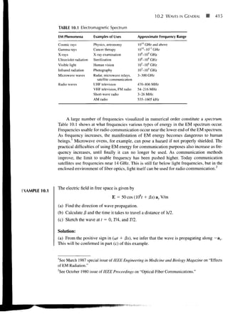 10.2   WAVES IN GENERAL     415

               TABLE 10.1 Electromagnetic Spectrum

               EM Phenomena            Examples of Uses            Approximate Frequency Range

               Cosmic rays             Physics, astronomy          1014 GHz and above
               Gamma rays              Cancer therapy              10'°-10 13 GHz
               X-rays                  X-ray examination           108-109 GHz
               Ultraviolet radiation   Sterilization               106-108 GHz
               Visible light           Human vision                10 5 -10 6 GHz
               Infrared radiation      Photography                 103-104 GHz
               Microwave waves         Radar, microwave relays,    3-300 GHz
                                         satellite communication
               Radio waves             UHF television              470-806 MHz
                                       VHF television, FM radio    54-216 MHz
                                       Short-wave radio            3-26 MHz
                                       AM radio                    535-1605 kHz




                    A large number of frequencies visualized in numerical order constitute a spectrum.
               Table 10.1 shows at what frequencies various types of energy in the EM spectrum occur.
               Frequencies usable for radio communication occur near the lower end of the EM spectrum.
               As frequency increases, the manifestation of EM energy becomes dangerous to human
               beings.1 Microwave ovens, for example, can pose a hazard if not properly shielded. The
               practical difficulties of using EM energy for communication purposes also increase as fre-
               quency increases, until finally it can no longer be used. As communication methods
               improve, the limit to usable frequency has been pushed higher. Today communication
               satellites use frequencies near 14 GHz. This is still far below light frequencies, but in the
               enclosed environment of fiber optics, light itself can be used for radio communication.2



               The electric field in free space is given by
EXAMPLE 10.1
                                                   E = 50 cos (108r + &x) ay V/m
               (a) Find the direction of wave propagation.
               (b) Calculate /3 and the time it takes to travel a distance of A/2.
               (c) Sketch the wave at t = 0, 774, and 772.

               Solution:
               (a) From the positive sign in (tot + /3x), we infer that the wave is propagating along
               This will be confirmed in part (c) of this example.


               'See March 1987 special issue of IEEE Engineering in Medicine and Biology Magazine on "Effects
               of EM Radiation."
               2
                 See October 1980 issue of IEEE Proceedings on "Optical-Fiber Communications."
 