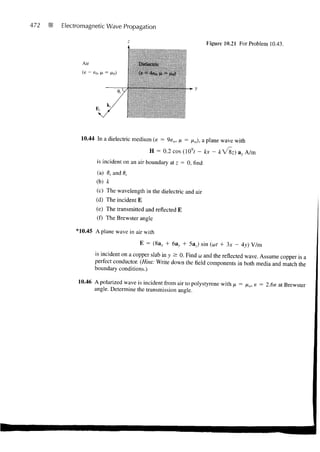 472   Electromagnetic Wave Propagation

                                                                       Figure 10.21 For Problem 10.43.


             Air

             (E   = s0, M =
                         -           i   (E=-4K,,




            10.44 In a dielectric medium (e = 9e o , n =    M o ), a   plane wave with

                                             H = 0.2 cos (109f         -lex-       ay A/m
                     is incident on an air boundary at z = 0, find
                     (a) 0 r and0,
                     (b) k
                     (c) The wavelength in the dielectric and air
                     (d) The incident E
                     (e) The transmitted and reflected E
                     (f) The Brewster angle

          * 10.45 A plane wave in air with

                                         E = (8a x + 6a,. + 5aj) sin (wt + 3x - Ay) V/m

                    is incident on a copper slab in y > 0. Find u and the reflected wave. Assume copper is a
                    perfect conductor. (Hint: Write down the field components in both media and match the
                    boundary conditions.)

           10.46 A polarized wave is incident from air to polystyrene with fx = no, e = 2.6e at Brewster
                 angle. Determine the transmission angle.
 