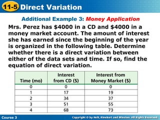 Mrs. Perez has $4000 in a CD and $4000 in a money market account. The amount of interest she has earned since the beginning of the year is organized in the following table. Determine whether there is a direct variation between either of the data sets and time. If so, find the equation of direct variation. Additional Example 3:  Money Application Course 3 11-5 Direct Variation 