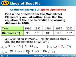 Find a line of best fit for the Main Street Elementary annual softball toss. Use the equation of the line to predict the winning distance in 2006. Additional Example 2:  Sports Application   Let 1990 represent year 0. The first point is then (0, 98), and the last point is (12, 107). ( x m ,  y m ) = ( 5 ,  103 ) Course 3 11-7 Lines of Best Fit x m  =  = 5 0 + 2 + 4 + 7 + 12 5 107 106 103 101 98 Distance (ft) 2002 1997 1994 1992 1990 Year y m  =  = 103  98 + 101 + 103 + 106 + 107 5 