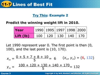Predict the winning weight lift in 2010. Try This : Example 2 Let 1990 represent year 0. The first point is then (0, 100), and the last point is (10, 170). ( x m ,  y m ) = ( 6 ,  132 ) Course 3 11-7 Lines of Best Fit x m  =  =  6 0 + 5 + 7 + 8 + 10 5 y m  =  = 132 100 + 120 + 130 + 140 + 170 5 170 140 130 120 100 Lift (lb) 2000 1998 1997 1995 1990 Year 