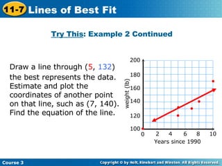 Try This : Example 2 Continued Draw a line through ( 5 ,  132 )   the best represents the data. Estimate and plot the coordinates of another point on that line, such as (7, 140). Find the equation of the line.  Course 3 11-7 Lines of Best Fit Years since 1990 weight (lb) 0 100 120 140 160 180 2 4 6 8 10 200 