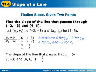 Find the slope of the line that passes through (–2, –3) and (4, 6). Finding Slope, Given Two Points Let ( x 1 ,  y 1 ) be (–2, –3) and ( x 2 ,  y 2 ) be (4, 6). Substitute 6 for y 2 , –3 for y 1 ,  4 for x 2 , and –2 for x 1 . 6 – (–3) 4 – (–2) 9 6 =  The slope of the line that passes through (–2, –3) and (4, 6) is  . 3 2 = y 2  –  y 1 x 2  –  x 1 3 2 =  Course 3 11-2 Slope of a Line 