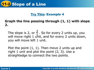 Try This : Example 4 Graph the line passing through (1, 1) with slope 2. Plot the point (1, 1). Then move 2 units up and right 1 unit and plot the point (2, 3). Use a straightedge to connect the two points. The slope is 2, or  . So for every 2 units up, you will move right 1 unit, and for every 2 units down, you will move left 1 unit. 2 1 Course 3 11-2 Slope of a Line 
