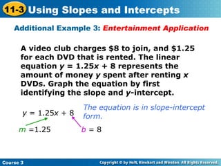 Additional Example 3:  Entertainment Application A video club charges $8 to join, and $1.25 for each DVD that is rented. The linear equation  y  = 1.25 x  + 8 represents the amount of money  y  spent after renting  x  DVDs. Graph the equation by first identifying the slope and  y -intercept. y  = 1.25 x  + 8 The equation is in slope-intercept form. b  = 8 m  =1.25 Course 3 11-3 Using Slopes and Intercepts 