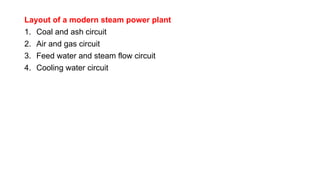 Layout of a modern steam power plant
1. Coal and ash circuit
2. Air and gas circuit
3. Feed water and steam flow circuit
4. Cooling water circuit
 