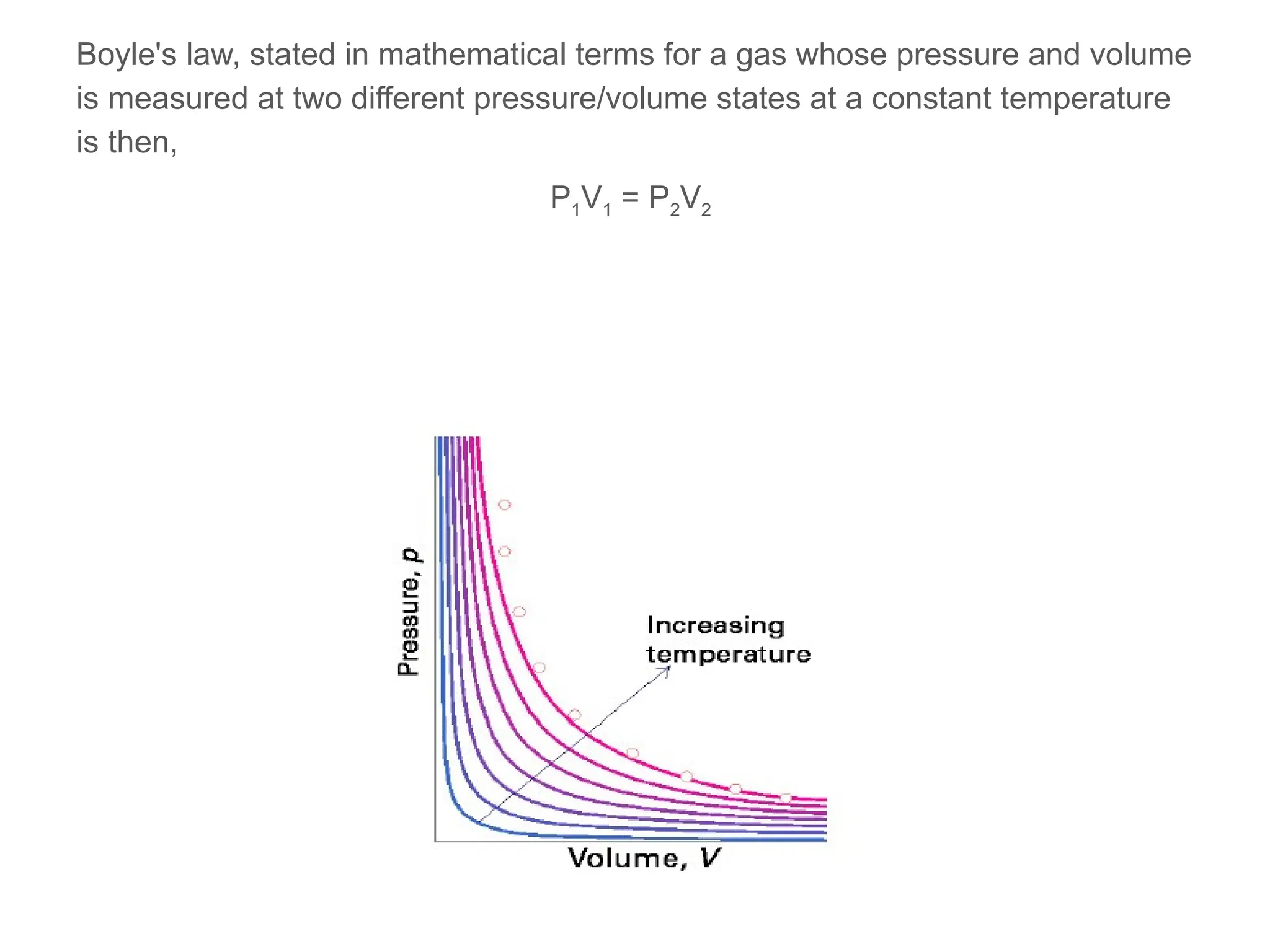 Boyle's law, stated in mathematical terms for a gas whose pressure and volume
is measured at two different pressure/volume states at a constant temperature
is then,
P1V1 = P2V2
 