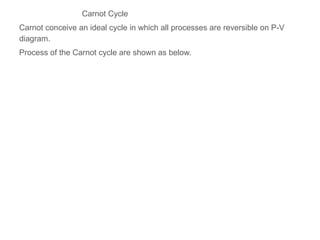 Carnot Cycle
Carnot conceive an ideal cycle in which all processes are reversible on P-V
diagram.
Process of the Carnot cycle are shown as below.
 