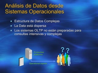 Análisis de Datos desde
Sistemas Operacionales
Estructura de Datos Complejas
La Data está dispersa
Los sistemas OLTP no están preparadas para
consultas intensivas y complejas
Operational reports
Production
platforms
 