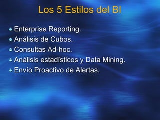 Los 5 Estilos del BI
Enterprise Reporting.
Análisis de Cubos.
Consultas Ad-hoc.
Análisis estadísticos y Data Mining.
Envío Proactivo de Alertas.
 