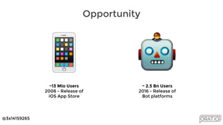 @3x14159265
~13 Mio Users
2008 - Release of
iOS App Store
~ 2.5 Bn Users
2016 - Release of
Bot platforms
Opportunity
 