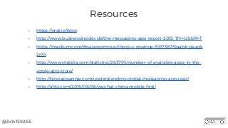 @3x14159265
Resources
● https://orat.io/blog
● http://www.businessinsider.de/the-messaging-app-report-2015-11?r=US&IR=T
● https://medium.com/@saranormous/clippy-s-revenge-39f7387f9aab#.pkaqk
2r7h
● http://www.statista.com/statistics/263795/number-of-available-apps-in-the-
apple-app-store/
● http://blog.appannie.com/understanding-global-messaging-app-user/
● http://a16z.com/2015/08/06/wechat-china-mobile-first/
 