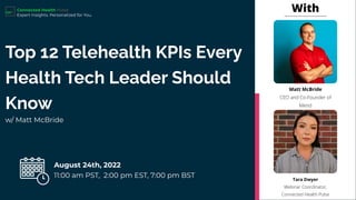August 24th, 2022
11:00 am PST, 2:00 pm EST, 7:00 pm BST
Matt McBride
CEO and Co-Founder of
Mend
Top 12 Telehealth KPIs Every
Health Tech Leader Should
Know
Connected Health Pulse
Expert Insights. Personalized for You.
With
w/ Matt McBride
Tara Dwyer
Webinar Coordinator,
Connected Health Pulse
 