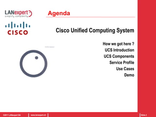 AgendaCisco Unified Computing SystemHow we got here ?UCS IntroductionUCS ComponentsService ProfileUse CasesDemo
