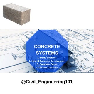 @Civil_Engineering101
CONCRETE
SYSTEMS
1. Insitu Systems
2. Hybrid Concrete Construction
3. Concrete Cores
4. Precast Concrete
 