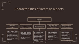 Characteristics of Keats as a poets
Sensuous
Imagery
Keats used vivid
sensory descriptions
to create immersive
experiences, engaging
the reader's senses of
sight, sound, smell,
and touch.
Focus on Beauty
Keats valued beauty in
nature and art, seeing it as
a transcendent aspect of
life, as shown in Ode to a
Nightingale and Ode on a
Grecian Urn.
Romanticism
As a romantic poet,
Keats explored
emotion, imagination,
and individualism,
focusing on themes
like love, mortality,
and time.
Mortality and
Transience
Keats often explored
themes of death and
life's transience, as
seen in Ode to a
Nightingale and When I
Have Fears.
Philosophical and
Intellectual Depth
Keats's poetry
addresses deep
philosophical
questions about
reality, existence,
and the role of art.
Keats
 