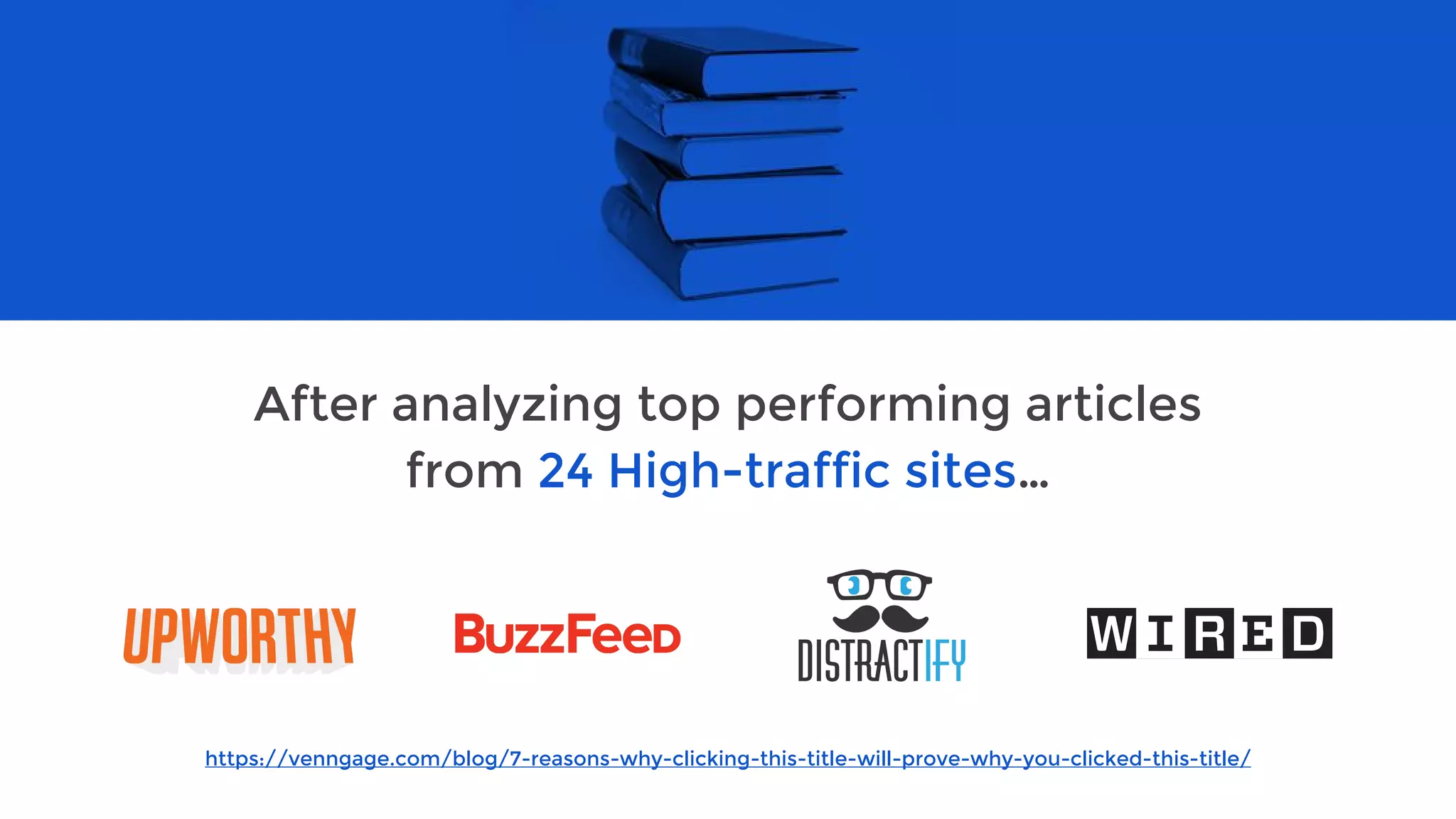 After analyzing top performing articles
from 24 High-traffic sites…
https://venngage.com/blog/7-reasons-why-clicking-this-title-will-prove-why-you-clicked-this-title/
 