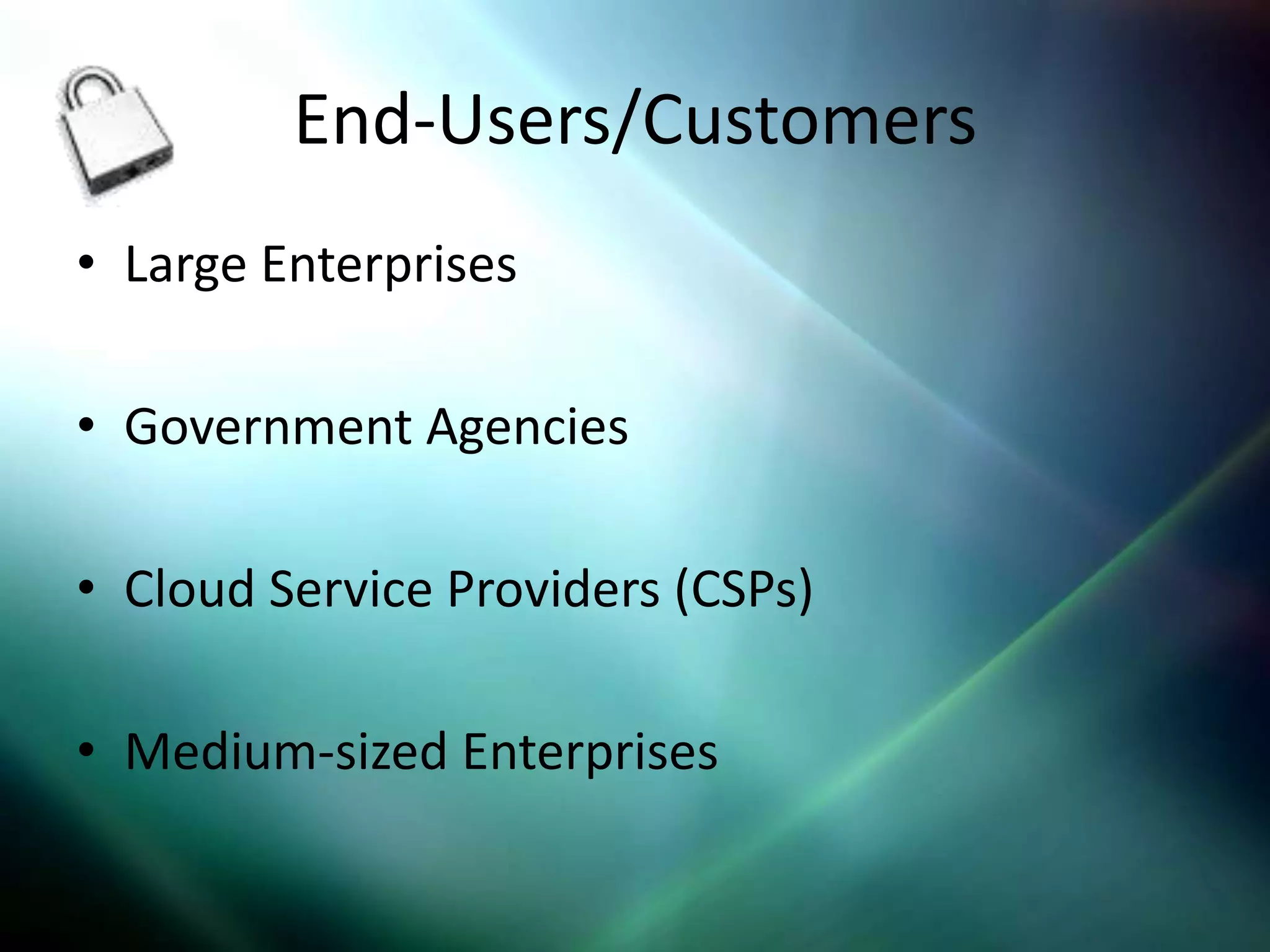 End-Users/Customers
• Large Enterprises

• Government Agencies

• Cloud Service Providers (CSPs)

• Medium-sized Enterprises
 