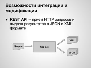 Возможности интеграции и
модификации
● REST API -- прием HTTP запросов и
  выдача результатов в JSON и XML
  формате


                                XML

    Запрос       Сервис

                                JSON
 