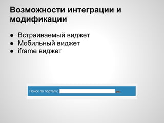 Возможности интеграции и
модификации
● Встраиваемый виджет
● Мобильный виджет
● iframe виджет
 