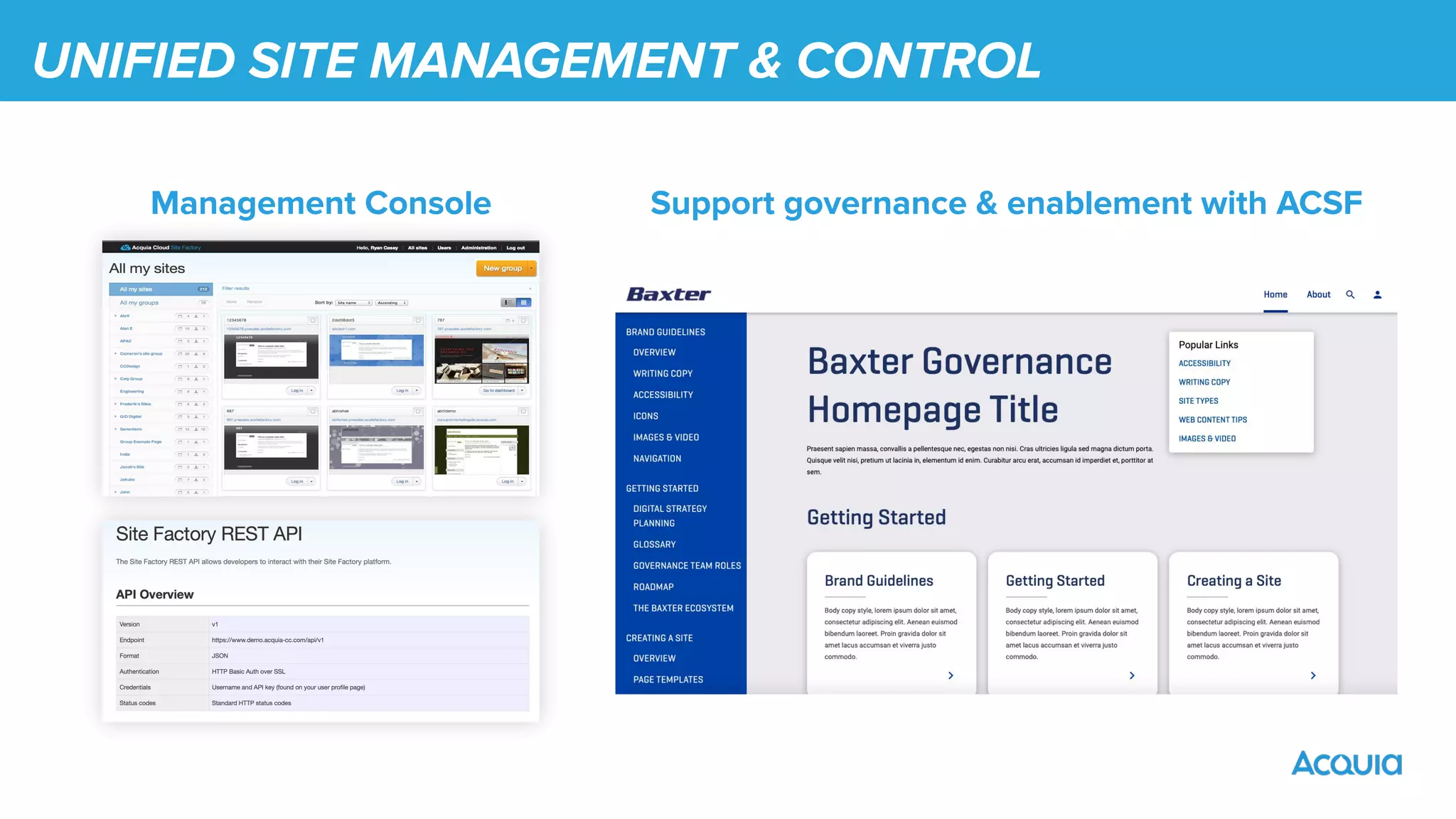 UNIFIED SITE MANAGEMENT & CONTROL
Management Console Support governance & enablement with ACSF
 