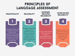 PRINCIPLES OF
LANGUAGE ASSESSMENT
PRACTICALITY
According to Brown and
Douglas practicality
deals with the
administrative process
involved in assessing an
instrument. It includes
making, giving, and
scoring a test
Reliability is a term that
deals with the
consistency of test
results. For instance,
same test, same
students on two
different dates, the
results should be the
same
It occurs when the test-
taker suffers from
physical or
psychological factors
like illness or anxiety.
It happens when two or
more scorers agree on
the test results. In other
words, the scores
provided by the
examiners do not
change.
RELIABILITY
LEARNER-
RELATED
RELIABILITY
INTER-RATER
RELIABILITY
1 2 3 4
 