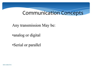 Communication Concepts

              Any transmission May be:

              •analog or digital

              •Serial or parallel



MR ZARKOVIC
 