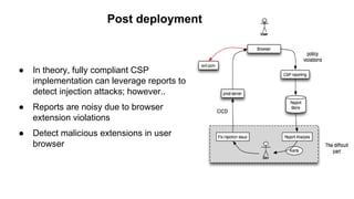 Post deployment
● In theory, fully compliant CSP
implementation can leverage reports to
detect injection attacks; however..
● Reports are noisy due to browser
extension violations
● Detect malicious extensions in user
browser
 