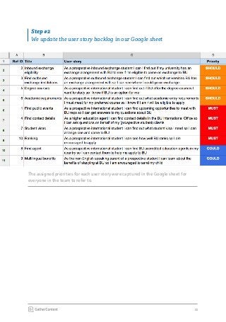 11
The assigned priorities for each user story were captured in the Google sheet for
everyone in the team to refer to.
Step #2
We update the user story backlog in our Google sheet
 
