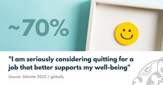 Source: Deloitte 2022 / globally
"I am seriously considering quitting for a
job that better supports my well-being"
~70%
 