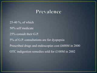 25-40 %, of which
50% self medicate
25% consult their G.P.
5% of G.P. consultations are for dyspepsia
Prescribed drugs and endoscopies cost £600M in 2000
OTC indigestion remedies sold for £100M in 2002
 