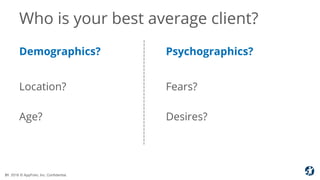 51 2018 © AppFolio, Inc. Confidential.
Who is your best average client?
Location?
Age?
Fears?
Desires?
Demographics? Psych...