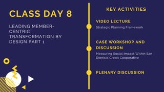 KEY ACTIVITIES
CLASS DAY 8
LEADING MEMBER-
CENTRIC
TRANSFORMATION BY
DESIGN PART 1
VIDEO LECTURE
Strategic Planning Framework
CASE WORKSHOP AND
DISCUSSION
Measuring Social Impact Within San
Dionisio Credit Cooperative
PLENARY DISCUSSION
 