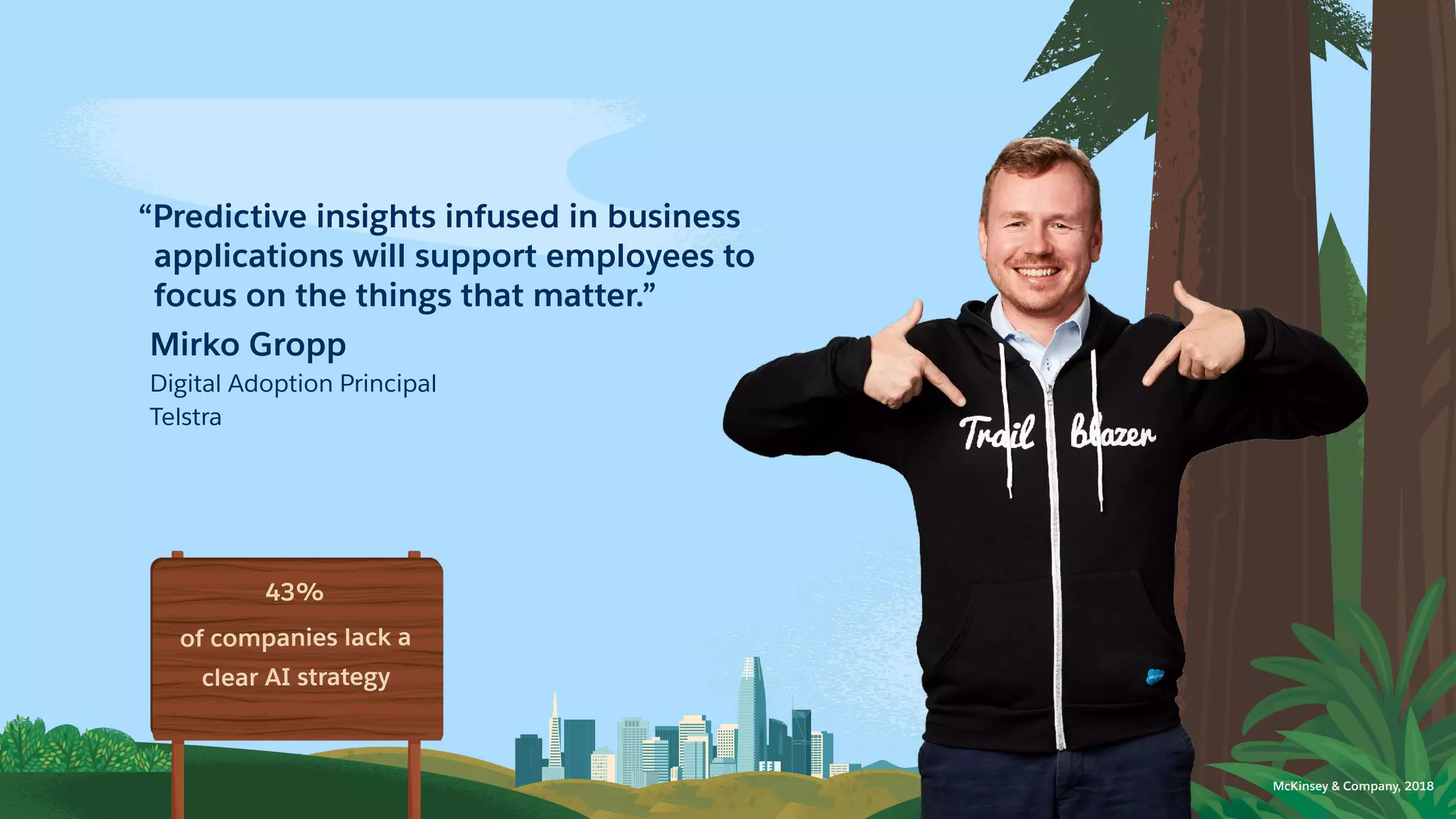 “Predictive insights infused in business
applications will support employees to
focus on the things that matter.”
Mirko Gropp
Digital Adoption Principal
Telstra
43%
of companies lack a
clear AI strategy
McKinsey & Company, 2018
 