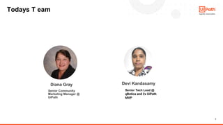 2
Todays T eam
Devi Kandasamy
Diana Gray
Senior Community
Marketing Manager @
UiPath
Senior Tech Lead @
qBotica and 2x UiP...