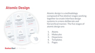 UX Architect
Atomic Design
Atomic design is a methodology
composed of five distinct stages working
together to create interface design
systems in a more deliberate and
hierarchical manner. The five stages of
atomic design are:
1. Atoms
2. Molecules
3. Organisms
4. Templates
5. Pages
 