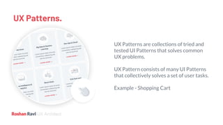 UX Architect
UX Patterns.
UX Patterns are collections of tried and
tested UI Patterns that solves common
UX problems.
UX Pattern consists of many UI Patterns
that collectively solves a set of user tasks.
Example - Shopping Cart
 
