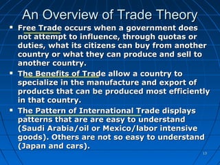 1313
An Overview of Trade TheoryAn Overview of Trade Theory
 Free TradeFree Trade occurs when a government doesoccurs when a government does
not attempt to influence, through quotas ornot attempt to influence, through quotas or
duties, what its citizens can buy from anotherduties, what its citizens can buy from another
country or what they can produce and sell tocountry or what they can produce and sell to
another country.another country.
 The Benefits of Trade allow a country toThe Benefits of Trade allow a country to
specialize in the manufacture and export ofspecialize in the manufacture and export of
products that can be produced most efficientlyproducts that can be produced most efficiently
in that country.in that country.
 The Pattern of International Trade displaysThe Pattern of International Trade displays
patterns that are are easy to understandpatterns that are are easy to understand
(Saudi Arabia/oil or Mexico/labor intensive(Saudi Arabia/oil or Mexico/labor intensive
goods). Others are not so easy to understandgoods). Others are not so easy to understand
(Japan and cars).(Japan and cars).
© McGraw Hill Companies, Inc.,2000
 