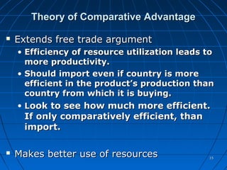 1515
Theory of Comparative AdvantageTheory of Comparative Advantage
 Extends free trade argumentExtends free trade argument
• Efficiency of resource utilization leads toEfficiency of resource utilization leads to
more productivity.more productivity.
• Should import even if country is moreShould import even if country is more
efficient in the product’s production thanefficient in the product’s production than
country from which it is buying.country from which it is buying.
• LLook to see how much more efficient.ook to see how much more efficient.
If only comparatively efficient, thanIf only comparatively efficient, than
import.import.
 Makes better use of resourcesMakes better use of resources© McGraw Hill Companies, Inc.,2000
 