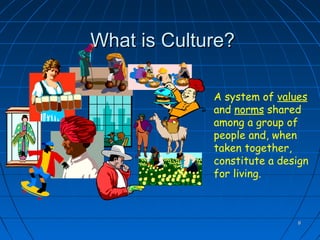 88
What is Culture?What is Culture?
A system of values
and norms shared
among a group of
people and, when
taken together,
constitute a design
for living.
 
